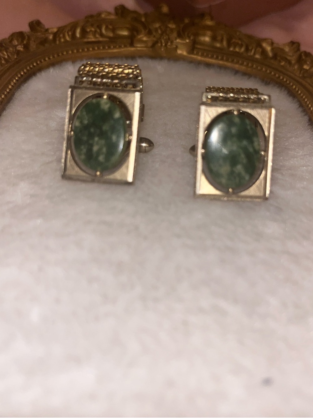 Gold-Tone Cufflinks with Green Oval Stone